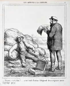 Honore Daumierin (1808-1879) taideteos. Charivari on vuodelta 1865: Serie LES ARTISTS KAMPANJASSA "" - Katsotaan, onko se ohi?... On edelleen väsyttävää levätä niin kauan kuin se...” KAUPUTAIDEMUSEO - PALACE LONGCHAMP, MARSEILLE tekijältä Honoré Daumier