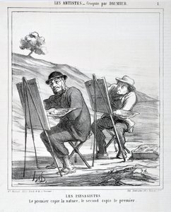 Honore Daumierin (1808-1879) taideteos. Charivari on vuodelta 1865: Serie LES ARTISTS Les paysagistes. "Ensimmäinen kopioi luontoa, toinen kopioi ensimmäistä"" MUSEE DES BEAUTS ARTS - PALAIS LONGCHAMP, MARSEILLE tekijältä Honoré Daumier