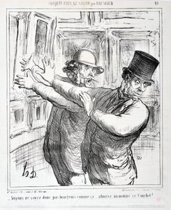 Honore Daumierin (1808-1879) taideteos. Charivari on vuodelta 1865: Sarjaluonnokset Salonissa "" - Älkäämme olko näin porvarillisia... ihailkaa ainakin tätä Courbetia! "" KUUTATAIDEMUSEO - PALACE LONGCHAMP, MARSEILLE tekijältä Honoré Daumier