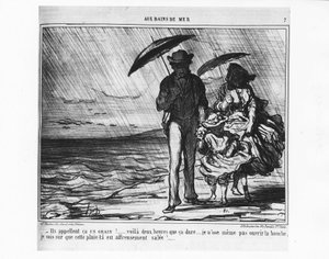 Merikylpylässä: pariisilaiset meren rannalla kaatosateessa - kirjoittanut Daumier, "" Charivarissa" 19.9.1859. tekijältä Honoré Daumier