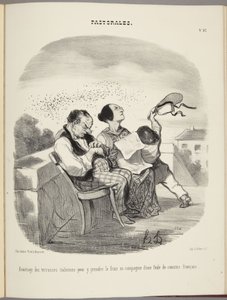 Italialaisten terassien etu vilvoitteluun suuren ranskalaisserkkujoukon seurassa tekijältä Honoré Daumier