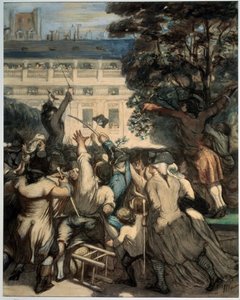 ""Camille Desmoulins (1760-1794) kiusaa patriootteja kuninkaanlinnan puutarhoissa"" Ranskan vallankumouksen ensimmäinen kohtaus Pariisissa: 7.12.1789, kun kuningas erotti Jacques Neckerin, Camille Desmoulins riitelee väkijoukko kuninkaanlinnassa tekijältä Honoré Daumier