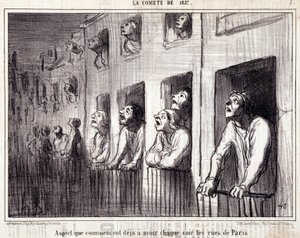 Sarjakuva tieteestä. Serie Sur "" la Comete de 1857"": "" Näkymä, joka alkaa jo olla joka ilta Pariisin kaduilla"". Kaiverrus Honore DAUMIER (1808-1879). Ote sanomalehdestä "" Le Charivari"". Koko 38 x 25 cm. Inv D - laatikko 7 Marseille, tekijältä Honoré Daumier