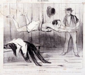 Sarjakuva turisteista lomalla. Sarja "Les Baigneurs": "La lecon a dry". Sarja "Les Baigneurs": "La lecon a dry". Honore DAUMIERin (1808-1879) kaiverrus. Ote sanomalehdestä "Le Charivari". Koko 25x36cm, laatikko 12 Marseille, Musee tekijältä Honoré Daumier