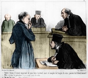 Sarjakuva Daumier: Sarja "" Les Gens de justice"" julkaistu "" Charivari" -julkaisussa 4.3.1846. Todistajan kuuleminen. tekijältä Honoré Daumier