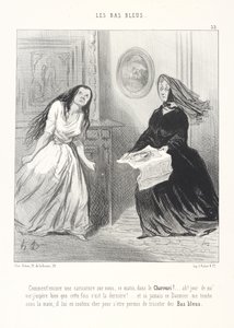 Mitä! Taas uusi pilakuva meistä tämän aamun Charivarissa! ... Ah! Kautta henkeni! Toivon todella, että tämä on viimeinen kerta! ... Ja jos tuo Daumier joskus joutuu käsiini, hän saa maksaa kalliisti siitä, että uskalsi kutoa sinisukkia tekijältä Honoré Daumier