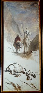 Don Quijote ja kuollut muuli Kuvitus Miguel Cervantesin romaanista "Don Quijote de la Mancha" (El ingenioso Hidalgo Don Quijote de la Mancha). Honore Daumierin (1808-1879) maalaus. 1800-luvun aurinko. 1,32x0,54 m. tekijältä Honoré Daumier