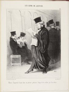 Mestari Chapotard lukee oikeusalan sanomalehdestä itse kirjoittamaansa ylistystä itsestään tekijältä Honoré Daumier