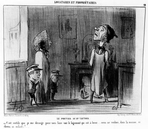 Herra Vulturen ovimies. Minun ei tarvitse vaivautua katsomaan vuokra-asuntoa... emme halua koiria emmekä lapsia taloon!... , otettu Honore Daumierin sarjakuvasarjasta "Tenants et Owners" ( 1808-1879). "Charivari" tekijältä Honoré Daumier