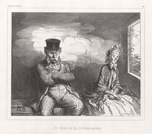 Rautatiellä, miellyttävä vierustoveri, Souvenirs d’Artistes -lehdestä tekijältä Honoré Daumier