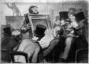 Maalauksen ystävät Hotel Bouillonissa. Honore Daumierin (1808-1879) pilapiirros. Kaiverrus lehdessä "Le Monde Illustré" nro 250, 25. tammikuuta. tekijältä Honore Daumier