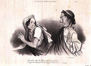 Klassisen tragedian hahmojen fysiognomia; "Mene, laita kreikkalaiset ihailemaan ylpeyttäsi. Mene, minä kiellän sen ja sinä teet minut sairaaksi" Charivari-lehdestä, julkaisija Aubert & Co., n. 1832-60 (litho) tekijältä Honoré Daumier