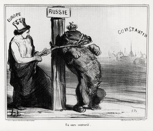 Venäjä: karhu järkyttynyt (Euroopasta). Maaliskuussa 1854 Ranska ja Englanti solmivat liiton Turkin kanssa Venäjää vastaan. Honore Daumierin (1808-1879) kuvitus, joka julkaistiin uutislehdessä "Charivari". tekijältä Honoré Daumier