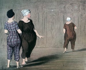 Sarja "" Les batheuses"" kaksi naista uimapuvussa tutkii toisen leikkausta, Honore Daumierin (1808-1879) karikatyyri 1844 (Uimarit: kaksi uimapukua pukeutunutta naista, katsovat ylös ja alas toisen vyötäröltä) Yksityinen kokoelma tekijältä Honoré Daumier