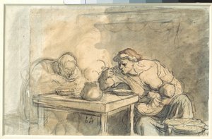 Keitto Pari työntekijää syömässä keittoa, äiti imettää vauvaa. Akvarelli Honore Daumier (1808-1879). 1862-1865. Himmeä. 0,3x0,49 m. Pariisi, Louvre-museo tekijältä Honoré Daumier