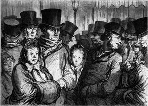 Temple Boulevard keskiyöllä. Vasemmalla ihmiset tulevat ulos draamasta. Totta, ihmiset lähtevät funambuleista. Sarjakuva Honore Daumier (1808-1879). Kaiverrus "" Le Monde Illustré" -julkaisussa nro 254, 22. helmikuuta tekijältä Honoré Daumier