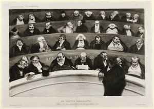 Lainsäädäntövatsa: Näkymä ministeripenkeistä improvisoidussa kammiossa 1834 (litografia) tekijältä Honoré Daumier