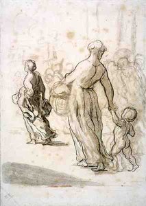 Kaksi naista ja lapsi, n. 1848-50 (liitu, puuhiili ja guassi antiikkipaperilla) tekijältä Honoré Daumier