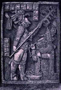 Kaiverrettu kivisilta temppelistä 23, Yaxchilan, 726 jKr., jossa hallitsija Shield Jaguar ja hänen vaimonsa Lady Xoc suorittavat verenlaskurituaalia, Claude-Josin The Ancient Cities of the New World -sarjasta. tekijältä Honore after Chapuis