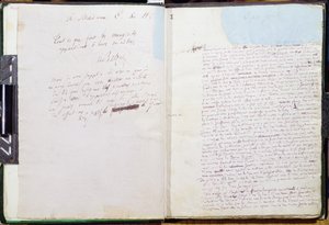 Ensimmäinen sivu ja omistus Le Pere Goriotin madame Hanskalle (kynä ja muste paperille) tekijältä Honore de Balzac