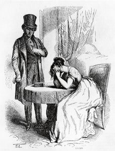 Nainen epätoivossa miehen katseessa, Honore de Balzacin (1799-1850) kuvitus Ferragusista, ranskalainen painos