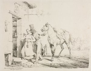 Husaari syleilee palvelijaa. tekijältä Emile Jean Horace Vernet