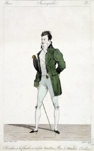 Ihme Pariisi. Miehellä on Kaarle XII:n hiukset, päällään vedenvihreät pikkuhousut ja juoksevat verkkosukat. Horace Vernet (1789 - 1863) kuvitus miesten muotista noin 1810. tekijältä Emile Jean Horace Vernet