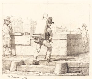 Taiteilija kantamassa maalaustelinettä litografisella kivellä tekijältä Emile Jean Horace Vernet