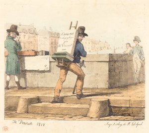 Taiteilija kantamassa maalaustelinettä litografisella kivellä tekijältä Emile Jean Horace Vernet