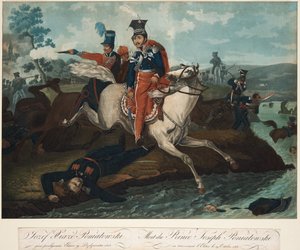Prinssi Józef Poniatowskin kuolema Leipzigin taistelussa 1820 tekijältä Emile Jean Horace Vernet