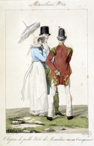 Horace vernetin (1789 - 1863) muotikaiverrus, joka tehtiin noin 1810 "Marvelousin" numerolle 25, joka edustaa naisellista muotia (olkihattu ja sifonkimekko) ja maskuliinisuutta. tekijältä Emile Jean Horace Vernet
