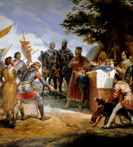 Ranskan ja Englannin sota (1202-1214): "" Bouvinesin taistelu 27.7.1214, Philippe Auguste asettaa peliin Ranskan kruunun"" Hän vastusti Philippe Augusten ranskalaista armeijaa Othon IV:n flaamilaisia ja welfiä vastaan . Ranskan voitto oli ratkaiseva o tekijältä Emile Jean Horace Vernet