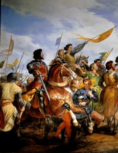 Ranskan ja Englannin sota (1202-1214): "" Bouvinesin taistelu 27.7.1214, Philippe Auguste asettaa peliin Ranskan kruunun"" Hän vastusti Philippe Augusten ranskalaista armeijaa Othon IV:n flaamilaisia ja welfiä vastaan . Ranskan voitto oli ratkaiseva o tekijältä Emile Jean Horace Vernet