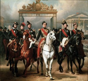 Kuningas Ludvig-Philippe viiden poikansa ympäröimänä, jotka lähtevät Versaillesin palatsin pääportin läpi suoritettuaan sotilastarkastuksen pihoilla tekijältä Emile Jean Horace Vernet