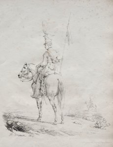 Kokoelma litografisia esseitä: Le Lancier en Vedette, 1816. tekijältä Emile Jean Horace Vernet