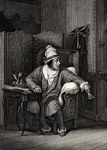 Kohtaus Molieren kuvitteellisesta Invalidista, Horace Vernet, kaiverrus - Jean-Baptiste Poquelin dit Moliere (1622-1673) Le Malade imaginaire tekijältä Emile Jean Horace Vernet