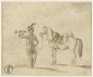Trumpetisti hevosen vieressä tekijältä Emile Jean Horace Vernet