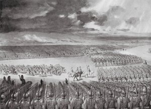Poros odottaa Aleksanterin hyökkäystä, heinäkuu 326 eaa. (litografia) tekijältä Horace van Ruith