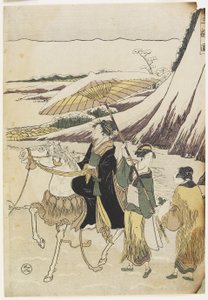 Kolme naista matkalla rotkon läpi, 1794-96 (värillinen puupainatus) tekijältä Hosoda Eiri