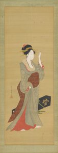 Geisha säätelemässä kilpikonnankuorista hiusneulaa, 1700-luvun loppu.