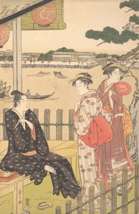 Ryhmä teehuoneessa Sumida-joen rannalla, n. 1790. tekijältä Hosoda Eishi