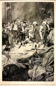 Kapteeni Pearsonin antautuminen John Paul Jonesille Bonhomme Richardin kannella vuonna 1779 (litho)