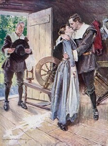 Kuvitus Henry Wadsworth Longfellowin The Courtship of Miles Standishin teokseen (värilitho)