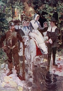 Kuvitus Henry Wadsworth Longfellowin The Courtship of Miles Standishin teokseen (värilitho)