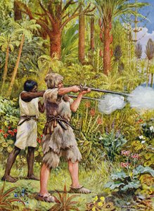 Crusoe ja Friday Shoot the Savages, kuvitus Daniel Defoen (1660-1731) Robinson Crusoelle (värilitho)