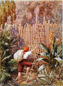 Crusoe i la seva fortalesa, il·lustració de "Robinson Crusoe" de Daniel Defoe (1660-1731) (litografia en color) finlandès