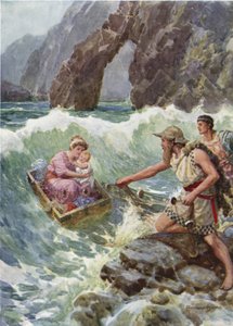 Hän piirsi hänet ja vauvan turvassa kalliolle. Kirjasta Kuinka Perseus ja hänen äitinsä tulivat Seriphosiin (värilitho)