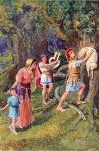 "Jason repäisi fleecen irti puunrungosta" (väri litho) tekijältä Howard Davie