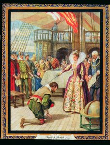 Kuningatar Elisabet I (1530-1603) ritarit Francis Drake (1540-96), kuvitus teoksesta "Historin sankarit" (väri litho)