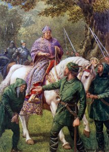 "Robin Hood tapaa Herefordin piispan" (värilitho) tekijältä Howard Davie